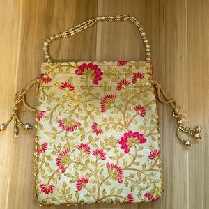 Handcrafted Potli Bag–Gold Pink Floral Embroidery & Pearl Beaded Handle Purse